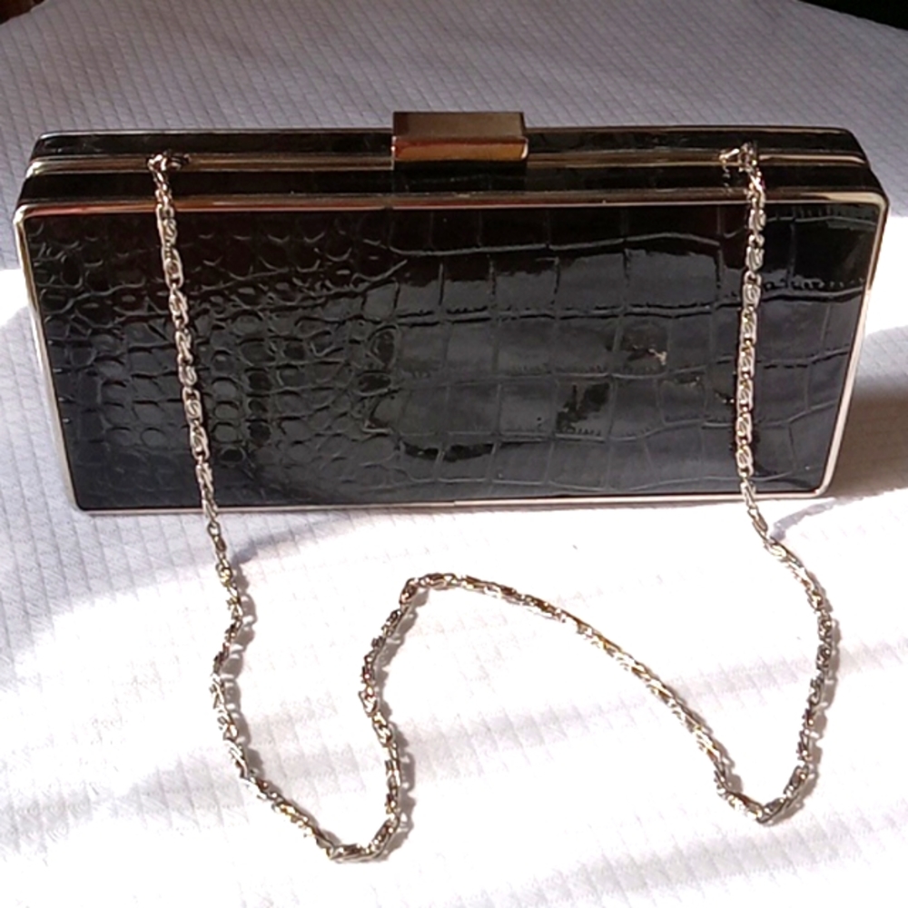 Lula Townsend Black Clutch Evening Bag w Silver Chain Stap(24")